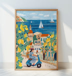 Mediterranean Lemon Coast Scooter Art Print | Riviera Travel Illustration