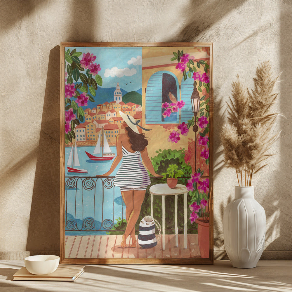 Mediterranean Woman on Balcony Overlooking Coastal Village Art Print