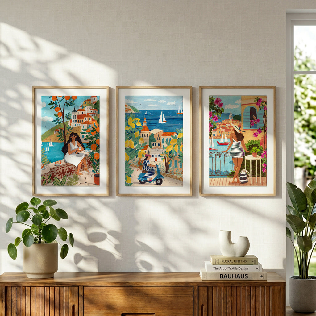 Mittelmeer-Küstenkunst-Druck-Set von 3 | Reise-Lifestyle-Wandkunst | 10% Rabatt an der Kasse!