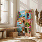 Mediterranean Woman on Balcony Overlooking Coastal Village Art Print
