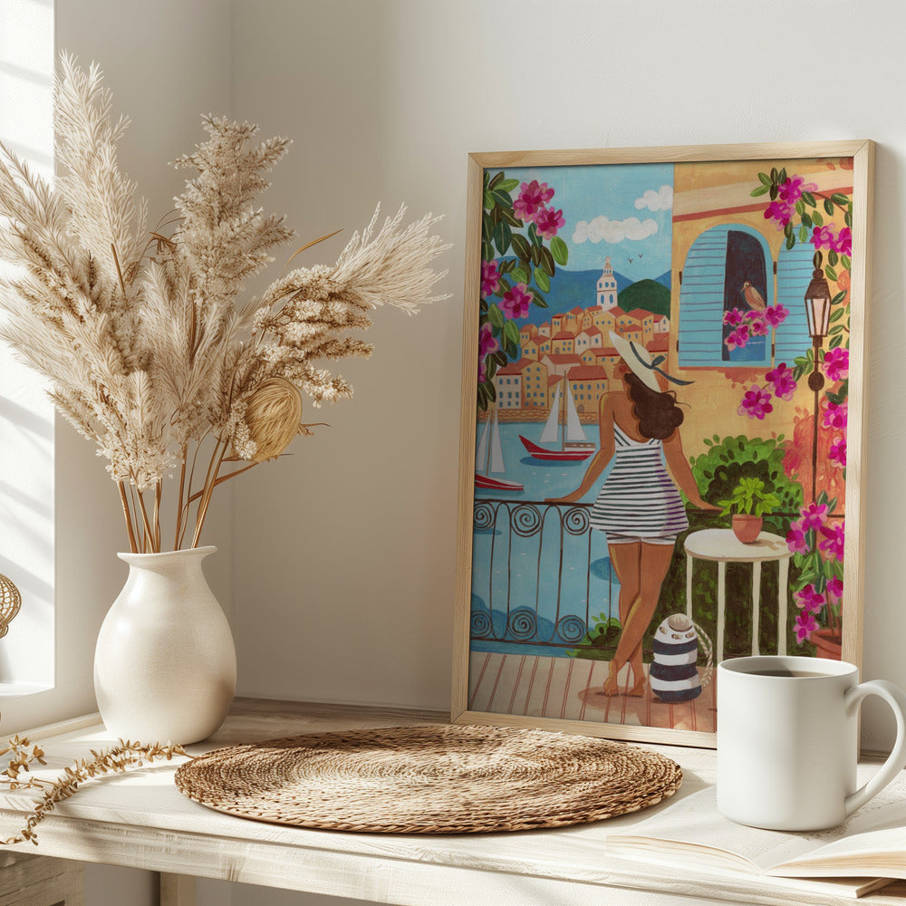Mediterranean Woman on Balcony Overlooking Coastal Village Art Print