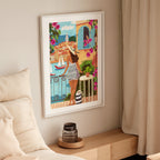 Mediterranean Woman on Balcony Overlooking Coastal Village Art Print