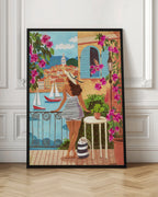 Mediterranean Woman on Balcony Overlooking Coastal Village Art Print