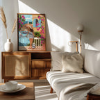 Mediterranean Woman on Balcony Overlooking Coastal Village Art Print