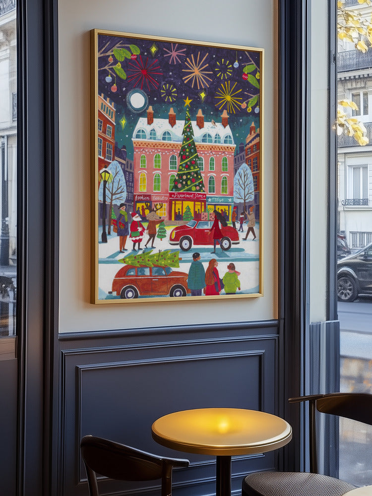 Festive Christmas City with Tree and Fireworks Art Print