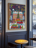 Festive Christmas City with Tree and Fireworks Art Print