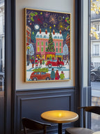 Festive Christmas City with Tree and Fireworks Art Print