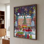 Festive Christmas City with Tree and Fireworks Art Print
