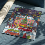 Festive Christmas City with Tree and Fireworks Art Print