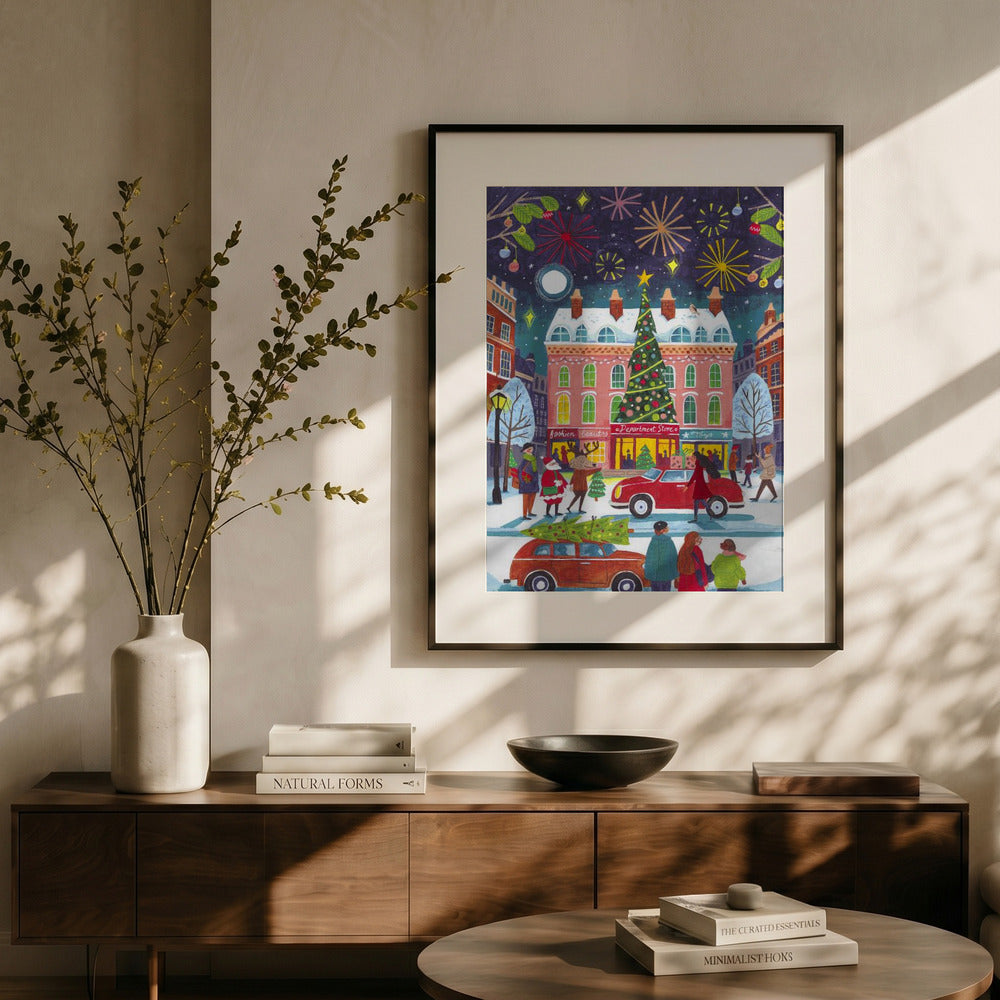 Festive Christmas City with Tree and Fireworks Art Print