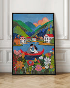 Romantic Lake Boat Couple Colorful Landscape Illustration