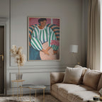 Relaxed Woman in Striped Dress with Pink Flowers Art Print