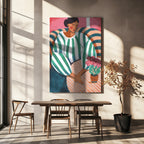 Relaxed Woman in Striped Dress with Pink Flowers Art Print
