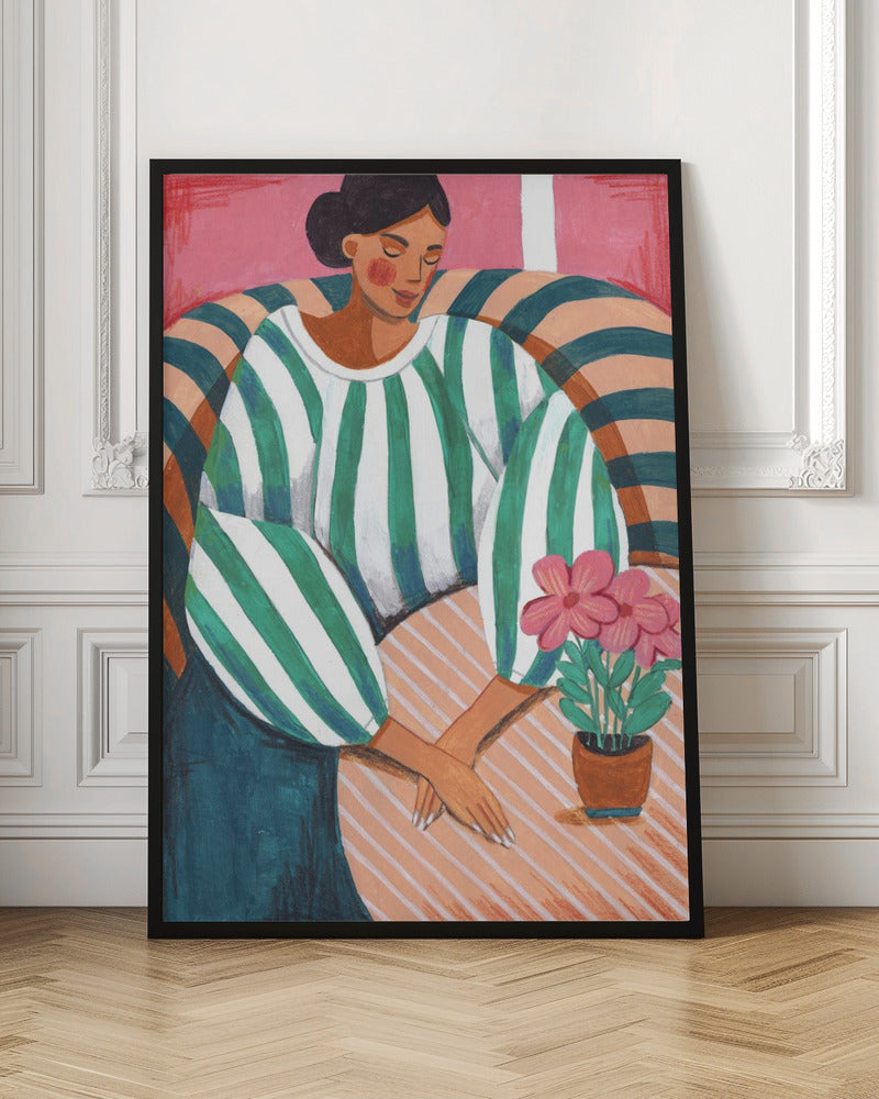 Relaxed Woman in Striped Dress with Pink Flowers Art Print