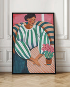 Relaxed Woman in Striped Dress with Pink Flowers Art Print