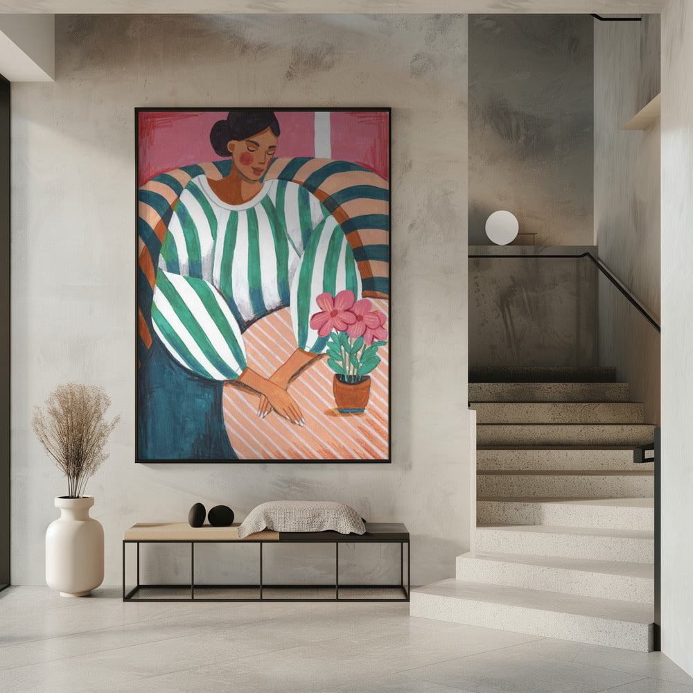 Relaxed Woman in Striped Dress with Pink Flowers Art Print