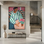Relaxed Woman in Striped Dress with Pink Flowers Art Print