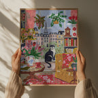 Pariser Fensterinterieur mit Katze und Blick auf den Eiffelturm