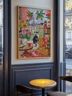 Pariser Fensterinterieur mit Katze und Blick auf den Eiffelturm