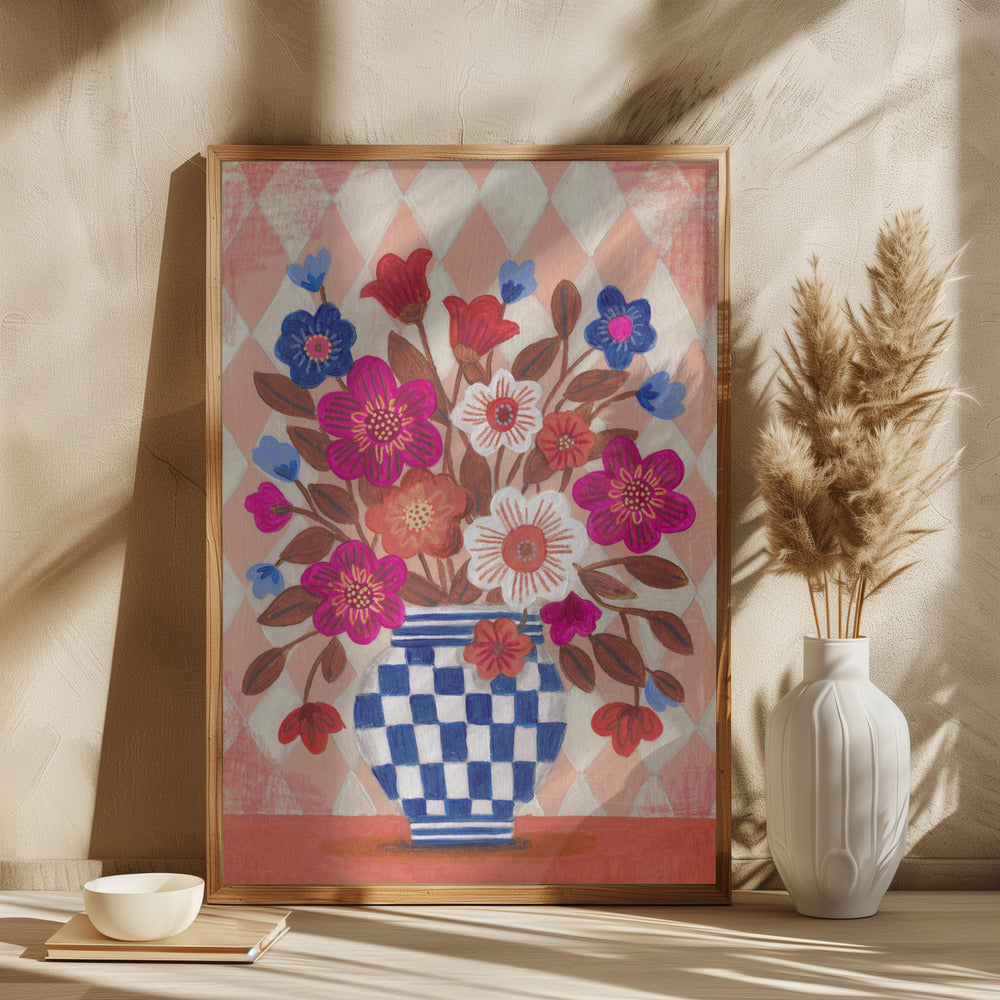 Colorful Floral Vase on Harlequin Pattern Background
