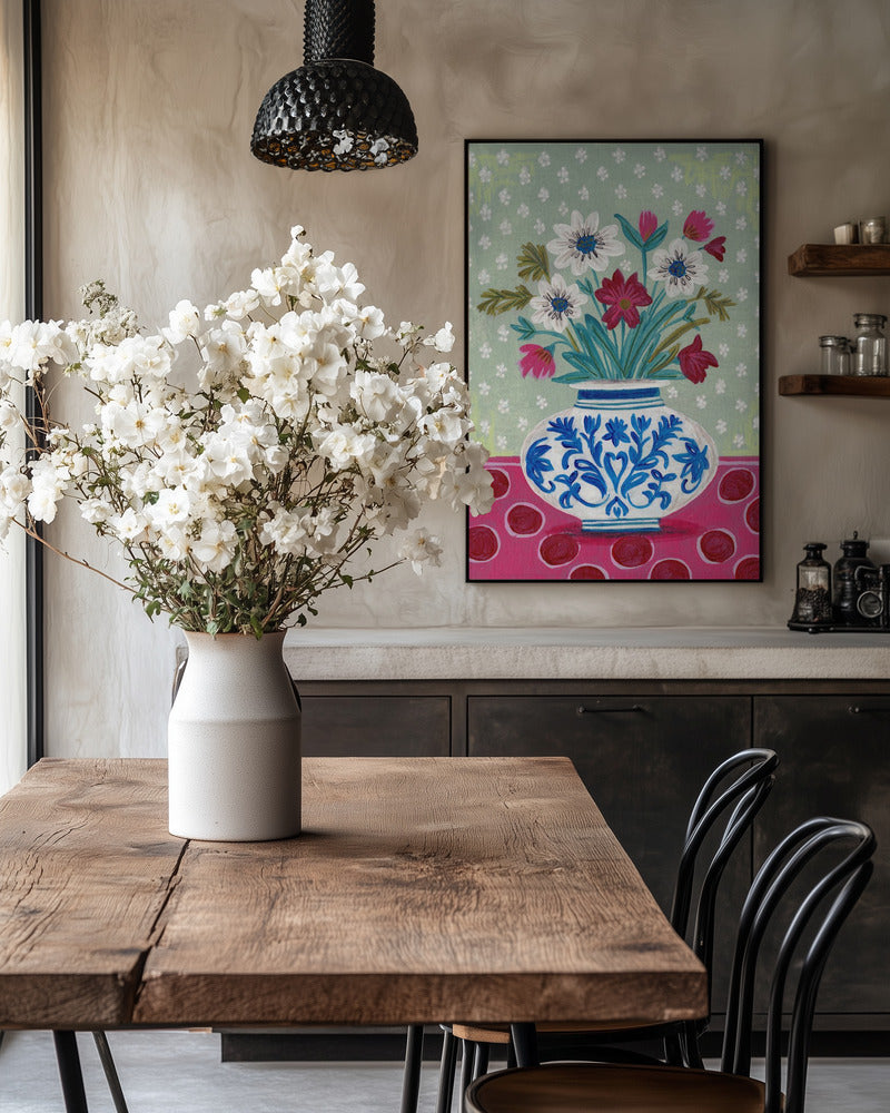 Blue Floral Vase with Wildflowers on Patterned Background