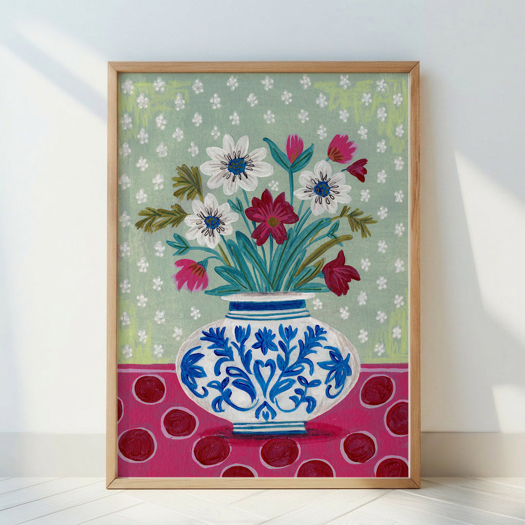 Blue Floral Vase with Wildflowers on Patterned Background