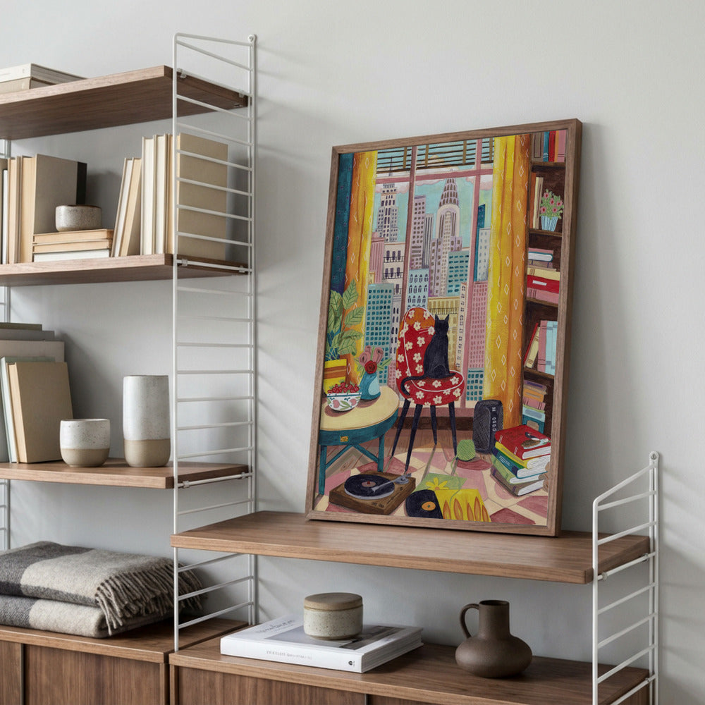 New Yorker Interieur mit Katze und Stadtpanorama