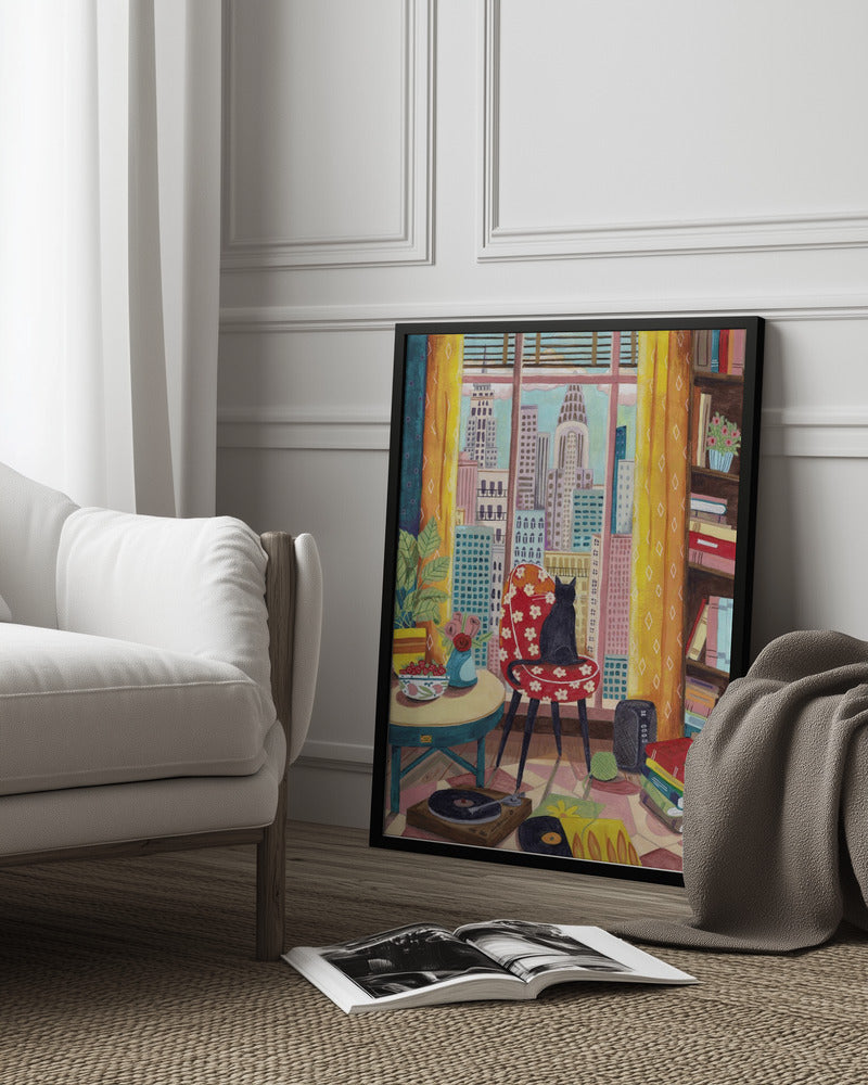 New Yorker Interieur mit Katze und Stadtpanorama