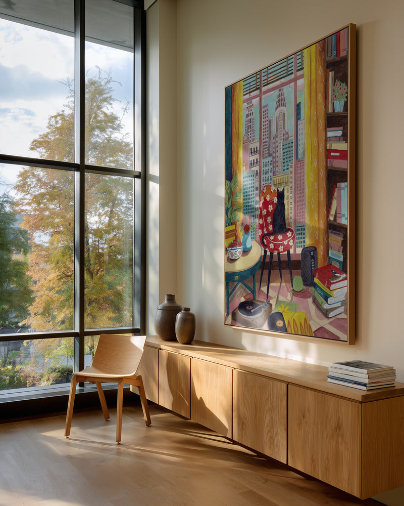 New Yorker Interieur mit Katze und Stadtpanorama