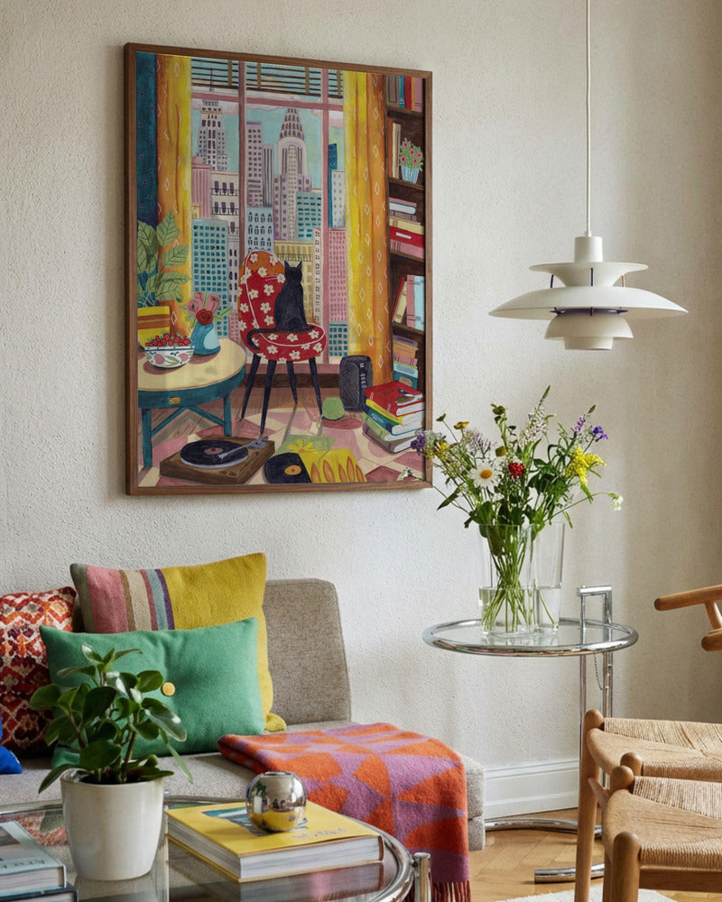 New Yorker Interieur mit Katze und Stadtpanorama