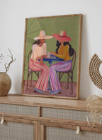 Cowgirl-Frauen spielen Karten in bunten gestreiften Outfits