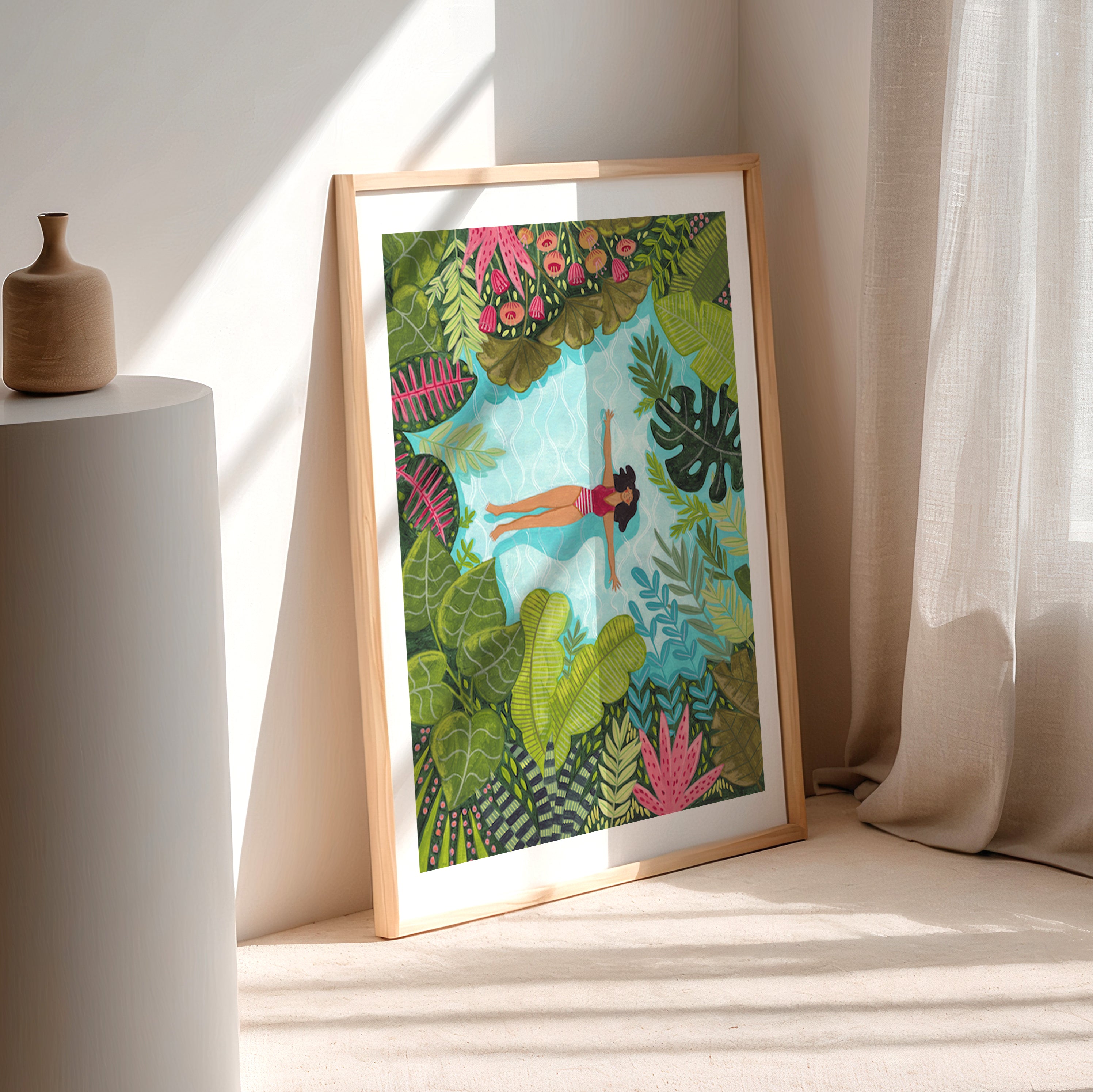 Frau im tropischen Pool Kunstdruck | Botanische Sommerillustration