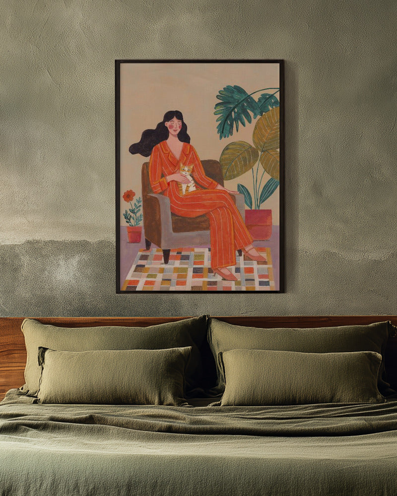 Woman with Cat Cozy Interior Art Print | Warm Home Illustration
