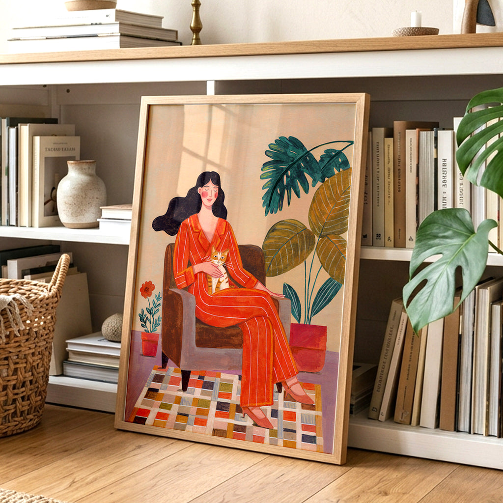 Woman with Cat Cozy Interior Art Print | Warm Home Illustration