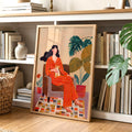 Woman with Cat Cozy Interior Art Print | Warm Home Illustration