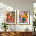 Women with Cats Art Print Set of 2 | Cozy Lifestyle Illustration Wall Art