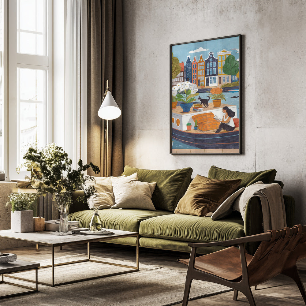 Amsterdam Hausboot Kunstdruck | Frau liest Kanal Illustration