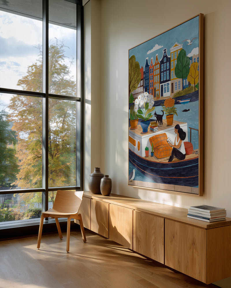 Amsterdam Hausboot Kunstdruck | Frau liest Kanal Illustration
