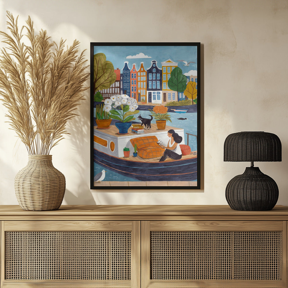 Amsterdam Hausboot Kunstdruck | Frau liest Kanal Illustration