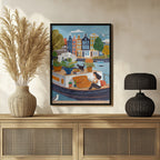 Amsterdam Hausboot Kunstdruck | Frau liest Kanal Illustration