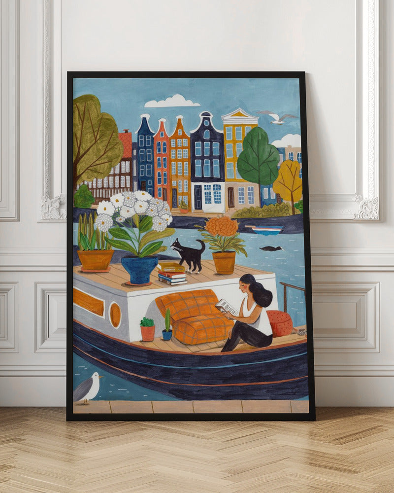Amsterdam Hausboot Kunstdruck | Frau liest Kanal Illustration