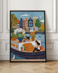 Amsterdam Hausboot Kunstdruck | Frau liest Kanal Illustration