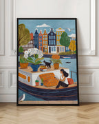 Amsterdam Hausboot Kunstdruck | Frau liest Kanal Illustration