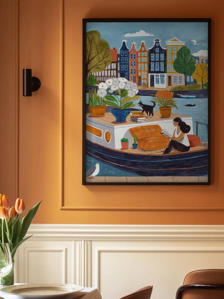 Amsterdam Houseboat Art Print | Woman Reading Canal Illustration