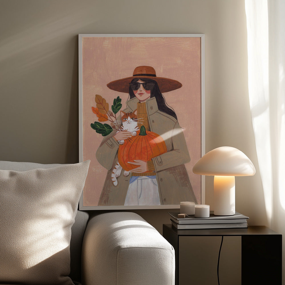 Autumn Woman with Pumpkin & Cat Art Print | Fall Illustration