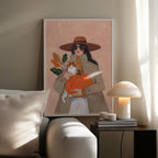 Autumn Woman with Pumpkin & Cat Art Print | Fall Illustration