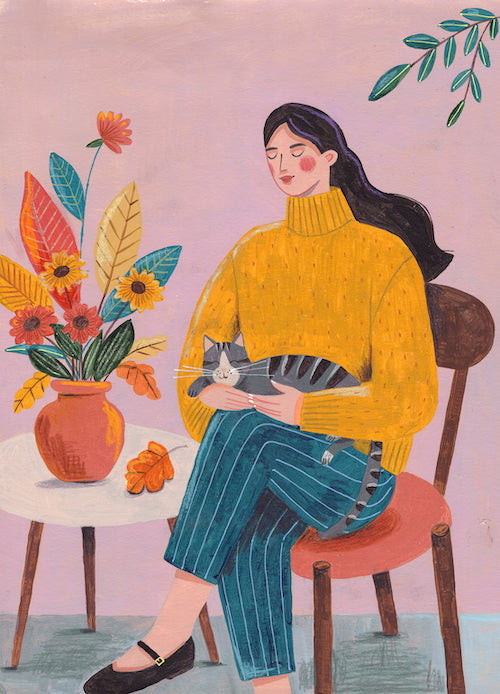Women with Cats Art Print Set of 2 | Cozy Lifestyle Illustration Wall Art