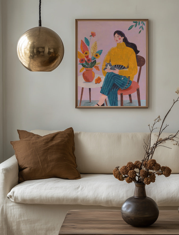 Frau mit Katze Herbst Kunstdruck | Gemütliche florale Innenillustration