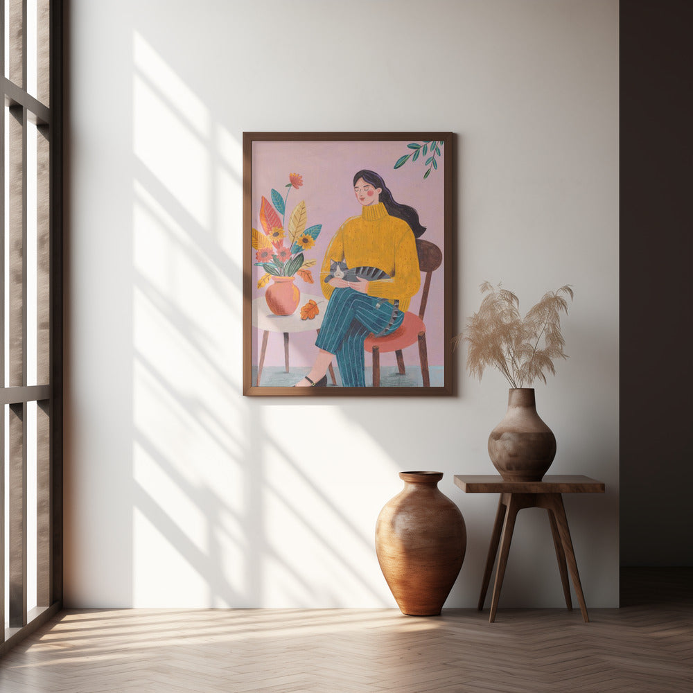 Frau mit Katze Herbst Kunstdruck | Gemütliche florale Innenillustration