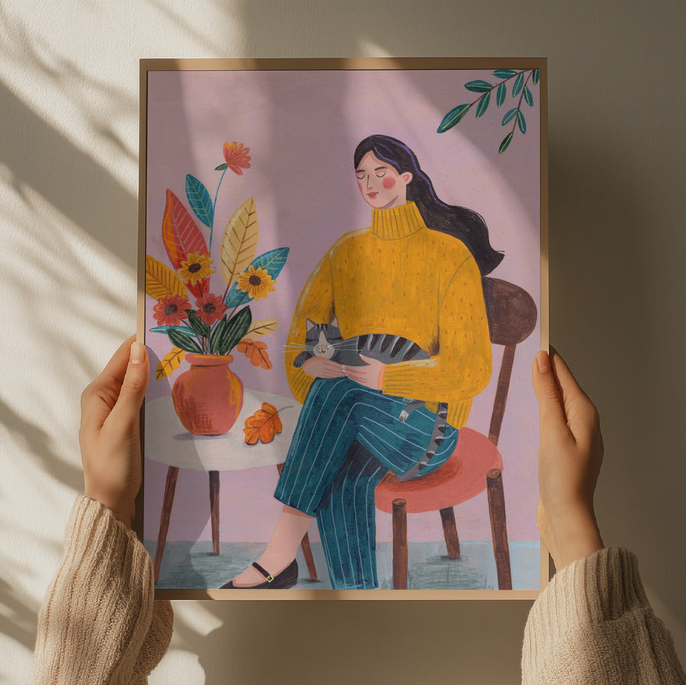 Frau mit Katze Herbst Kunstdruck | Gemütliche florale Innenillustration